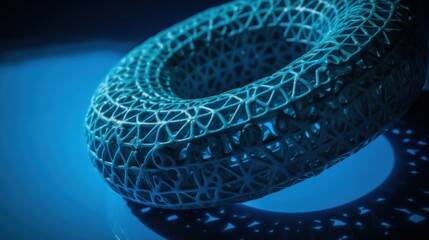 Aufkleber - Abstract, geometric, donut-shaped object. Futuristic design and 3D printed texture. Shadow patterns below. All in blue lighting.