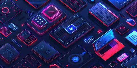Futuristic digital interface with glowing neon icons and devices. Technology background for innovation and design. Abstract image of electronic device with holographic of application. Network. AIG51.