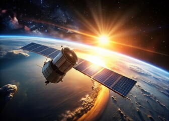 Wall Mural - Minimalist Satellite Orbiting Earth Sunrise Solar Panels Antenna Space Exploration