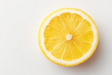 Wall Mural - single lemon slice isolated on clean minimalistic white background with ample copy space surrounding