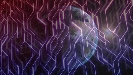 Wall Mural - planet earth orbiting through dark cosmos, glowing neon circuits pulsing in digital 3d render