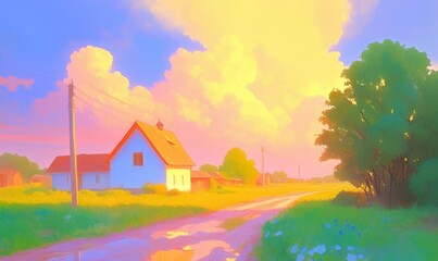 dreamy countryside cottage: a picturesque cottage nestled amidst vibrant wildflowers, bathed in the 