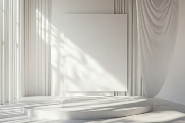 Fototapete - Minimalist white space with platform, backdrop, and sheer curtains, illuminated by sunlight and shadows for a clean, bright presentation.