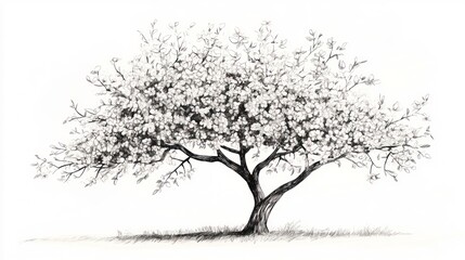 Blooming tree sketch, spring, nature, white background, graphic design