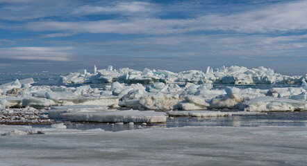 russia. the western coast of sakhalin island. the picturesque last ice in the spring sea of okhotsk.