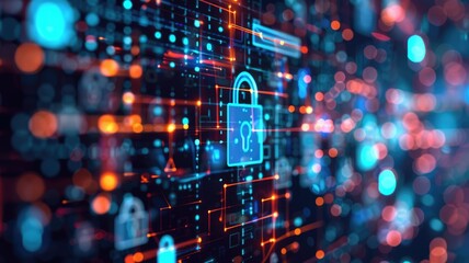Picture of digital security system to protect dangerous hacking computer user in colorful light of cyberspace style theme. Coding and programming for guarding digital technology from criminal. AIG53.