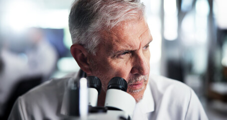 Aufkleber - Mature, man and microscope with thinking for science experiment, study or investigation for medical innovation. Research, ideas or scientist with problem solving, solution and future development