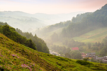 Wall Mural - abranka village in the valley at foggy sunrise. countryside landscape with red clouds above forested