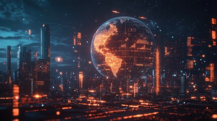 A digital representation of the Earth surrounded by data visuals and graphs in a futuristic financial setting at night
