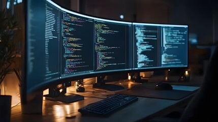 three large curved monitors display lines of code in a dimly lit workspace. a keyboard and mouse res