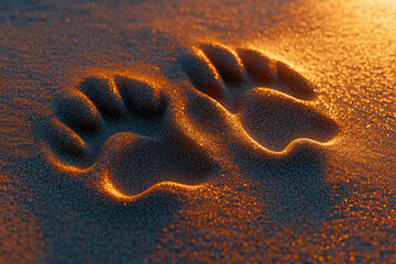 Poster - Two handprints imprinted on glistening sand, illuminated by warm sunset light.