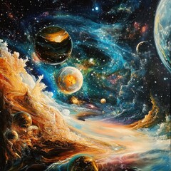 Wall Mural - witness the beauty of a vibrant space universe filled with colorful planets, swirling galaxies, and 