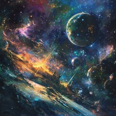 Wall Mural - exploring the vastness of a vibrant space universe with swirling galaxies and colorful celestial bod