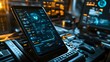 © Aditya - A futuristic tablet displays complex data, sitting on a control panel in a dimly lit technological environment.