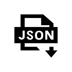 black json file icon with a downward arrow indicating a download on a white isolated background view