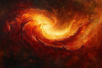 Poster - A fiery spiral galaxy swirls in a cosmic dance of orange and red hues, punctuated by distant stars.