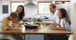 © BuyoutReese10/peopleimages.com - Eating, food and smile with family at kitchen table for nutrition, bonding and healthy growth. Lunch, support and happiness with parents and children at home for love, wellness and meal together