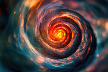 Poster - Abstract fiery spiral vortex, swirling energy, cosmic nebula, vibrant colors, dynamic movement.