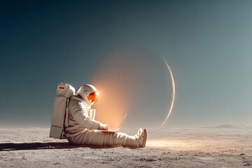 Wall Mural - a man in a spacesuit is sitting on the ground with a laptop in front of him. astronaut with labtop c