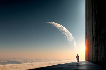 Wall Mural - a man in a spacesuit walks through a tunnel in the sky. astronaut concept.