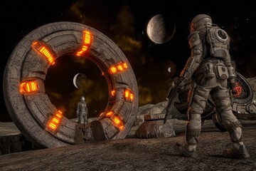 Wall Mural - a man in a space suit is walking towards a large, glowing, orange object. astronaut concept.