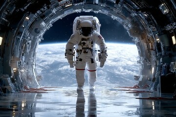 Wall Mural - a man in a spacesuit is walking through a tunnel. astronaut concept.