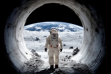 Wall Mural - a man in a spacesuit is walking through a tunnel. astronaut concept.