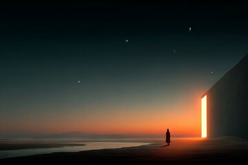 Wall Mural - a man stands in front of a large building with a glowing doorway. astronaut concept.