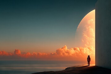 Wall Mural - a man in a space suit stands in front of a large white building. astronaut concept.