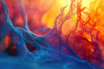 Poster - Abstract image depicting a vibrant, intricate network of blue and orange threads, resembling a neural network or cosmic web.