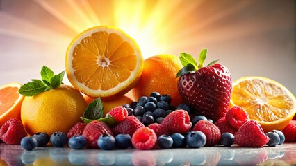 Wall Mural - silhouette of fresh fruit: grapefruit, oranges, raspberries & blueberries