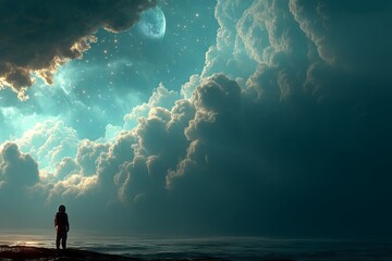 Wall Mural - a man in a space suit stands on a beach looking out at the ocean. astronaut concept.