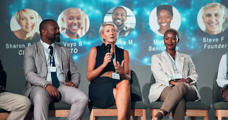 Aufkleber - Business people, speaker and microphone for audience, presentation and seminar for start up conference or convention. Woman, panel and question for international trade show, event or workshop