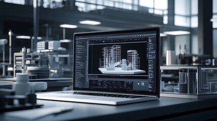 A laptop displays a 3D architectural model in a modern, minimalist workspace.  The background is a blurred out lab or design studio, suggesting technological innovation and creativity.