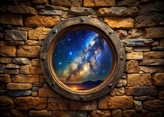 Wall Mural - Starry Night Sky Through Circular Window in Stone Wall - Mystical Landscape Photography