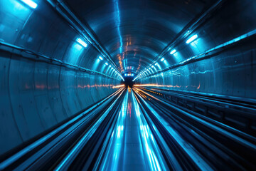 Poster - A futuristic, illuminated tunnel showcasing sleek, metallic infrastructure and vibrant blue lighting.