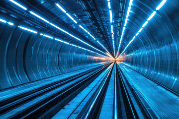 Poster - A futuristic, brightly lit train tunnel with tracks extending to a distant light source.