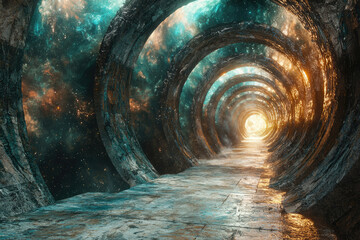 Poster - A cosmic tunnel of ancient stone, illuminated by a distant nebula, leads to a bright light.
