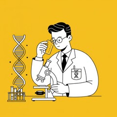 Wall Mural - scientist at work in laboratory with microscope and dna helix for research and education design