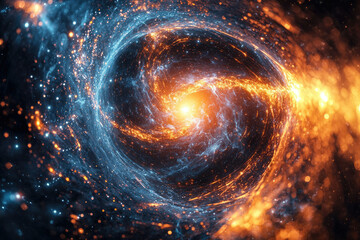 Poster - A mesmerizing cosmic swirl of vibrant orange and blue energy, depicting a nebula or galaxy with sparkling particles.