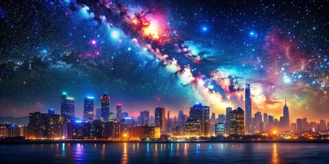 Wall Mural - vibrant neon cityscape under a starry night sky - rule of thirds composition