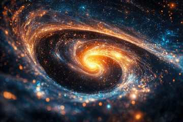 Poster - A mesmerizing spiral galaxy, swirling with vibrant orange and blue hues, filled with countless stars and cosmic dust.