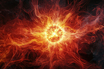 Poster - Fiery cosmic explosion, swirling plasma and energy radiating outwards, intense heat and light.