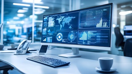 A modern office workspace featuring a large computer monitor displaying data visualizations, a keyboard, a phone, and a coffee cup.  The scene evokes a sense of technology and efficiency.