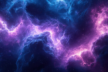 Poster - A mesmerizing cosmic nebula with vibrant purple and blue hues, showcasing swirling clouds and stellar energy.