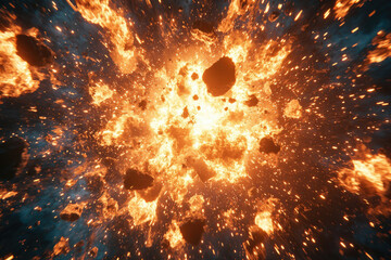 Poster - Fiery cosmic explosion with debris and bright flames radiating outwards in space.