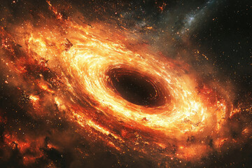 Poster - Fiery cosmic swirl encompassing a dark, enigmatic black hole in a vibrant nebula.