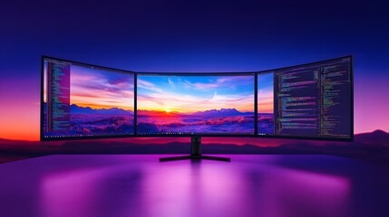 Stunning sunset landscape displayed on a triple monitor setup.