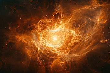 Poster - Fiery cosmic nebula with swirling energy, radiating light from its core, resembling a celestial vortex.
