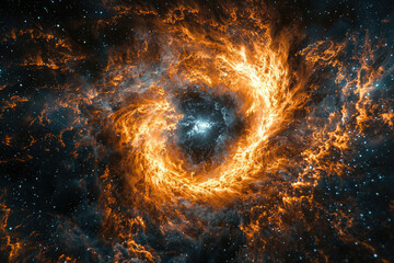 Poster - Fiery cosmic swirl, nebula with vibrant orange and blue hues, stellar explosion, space artistry.